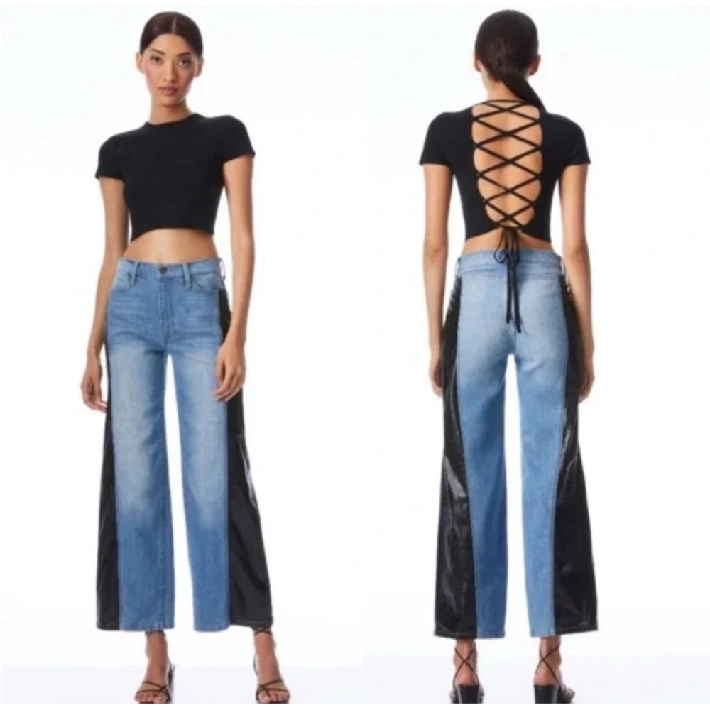 Alice + Olivia Max Wide Leg Denim Vegan Leather Jeans 26x29 Mid Rise Baggy